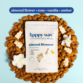 Happy Wax Pet Scents Almond Blossom melts in a neat tray, highlighting a pet-safe formulation.
