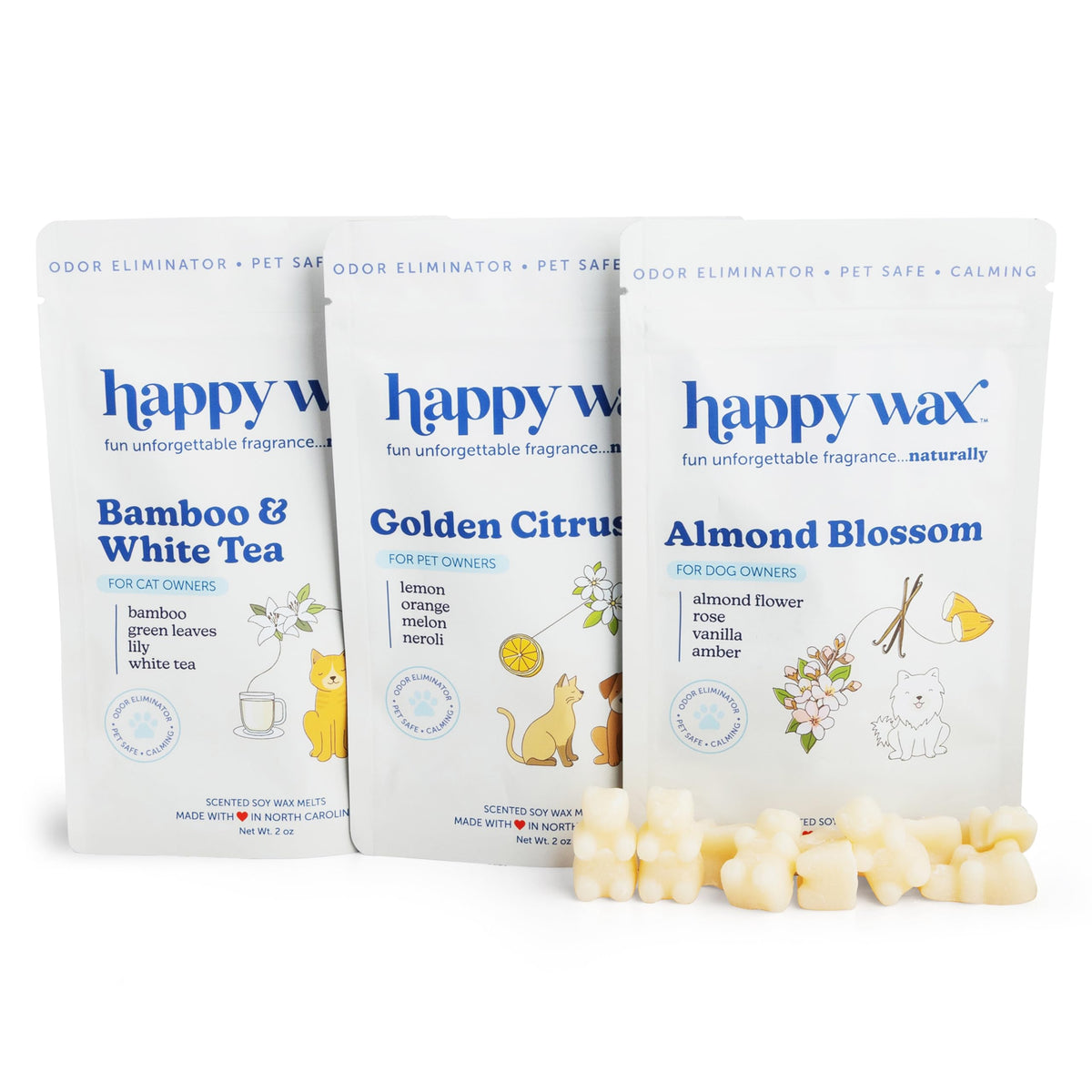 Happy Wax Pet Scents Bamboo White Tea melts in a pack, pet-safe odor control for calm spaces.