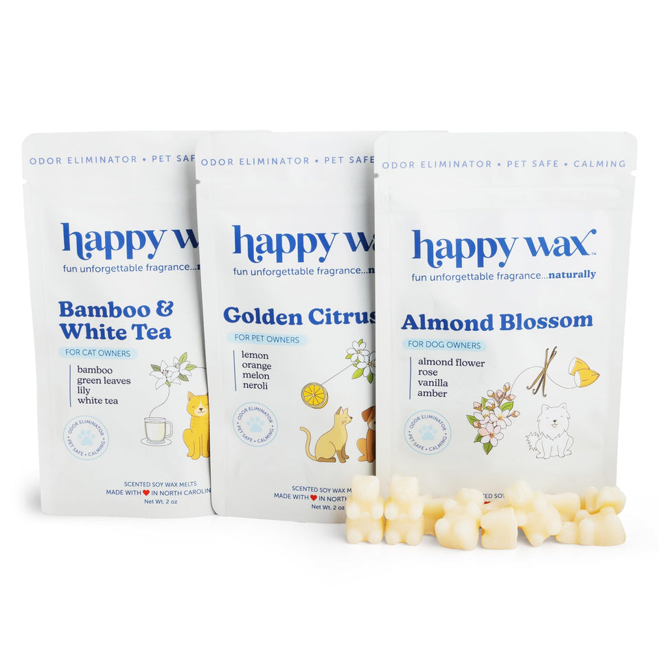 Happy Wax Pet Scents Bamboo White Tea melts in a pack, pet-safe odor control for calm spaces.