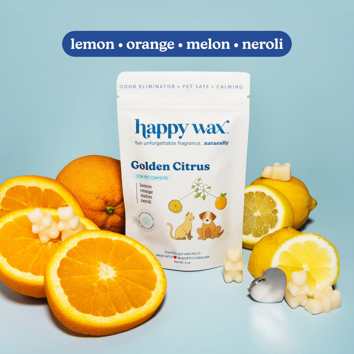 Happy Wax Pet Scents Golden Citrus melts ready for use, brightening rooms with pet-safe scent.