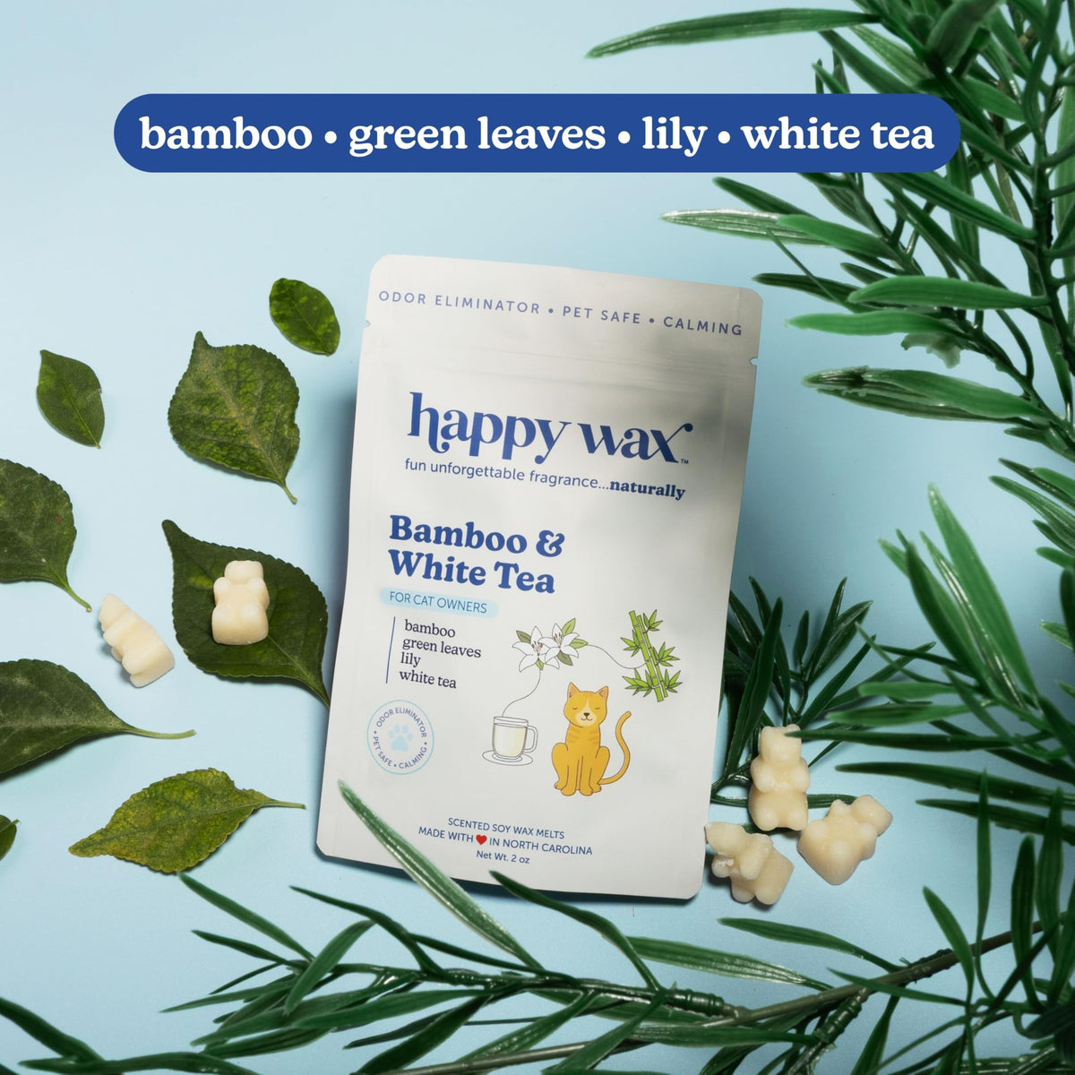 Happy Wax Pet Scents Golden Citrus melts near warmer, delivering energetic yet safe scent.