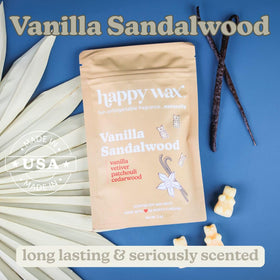 Happy Wax Vanilla Sandalwood bear wax melt hero shot showcases gift-ready packaging