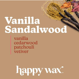 Happy Wax Vanilla Sandalwood bear wax melt pack highlights clean paraben-free formula
