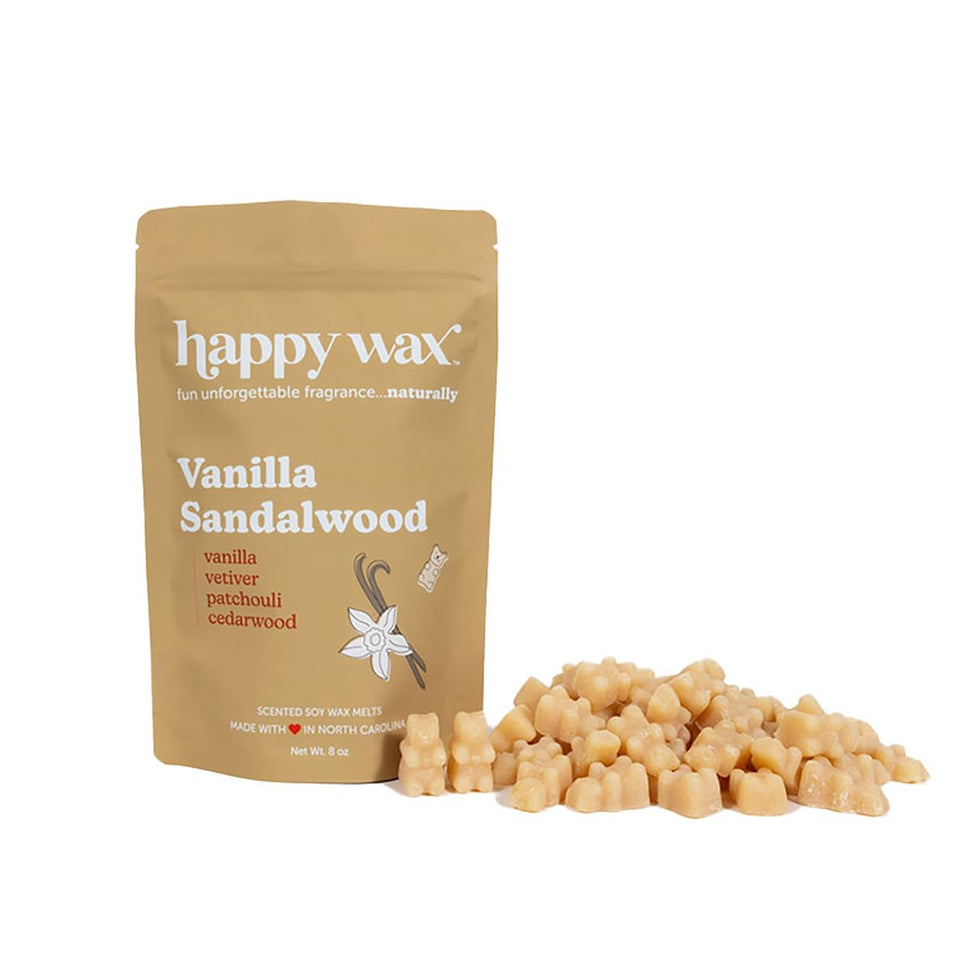 Happy Wax Vanilla Sandalwood bear wax melt close-up with long-lasting earthy vanilla aroma