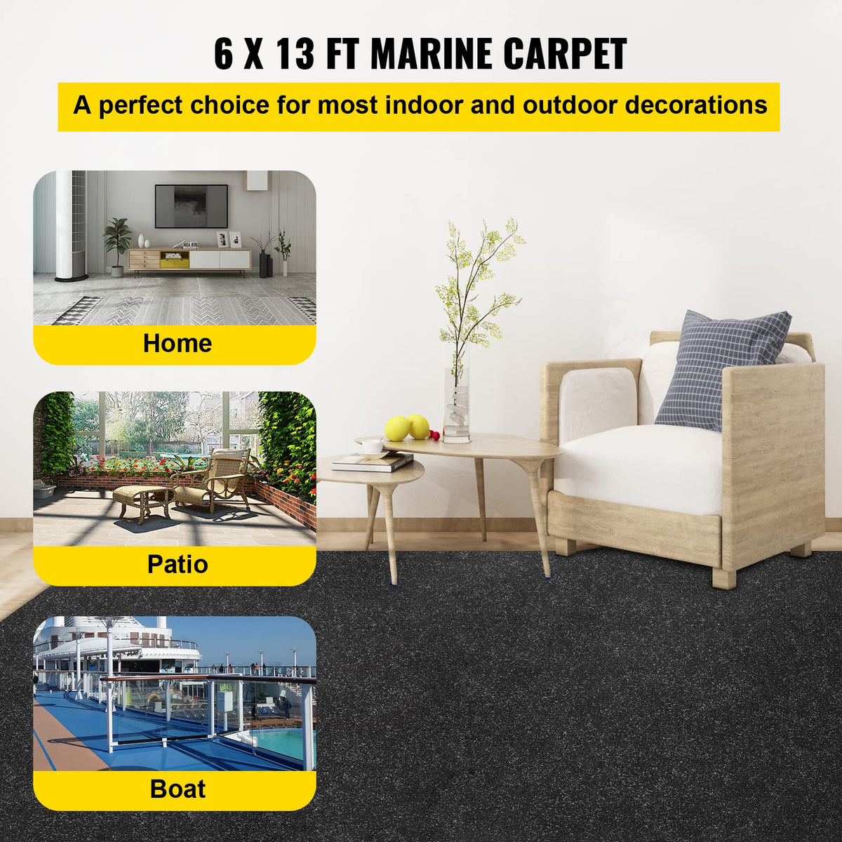 Happybuy ribbed surface marine carpet provides secure footing on wet decks.