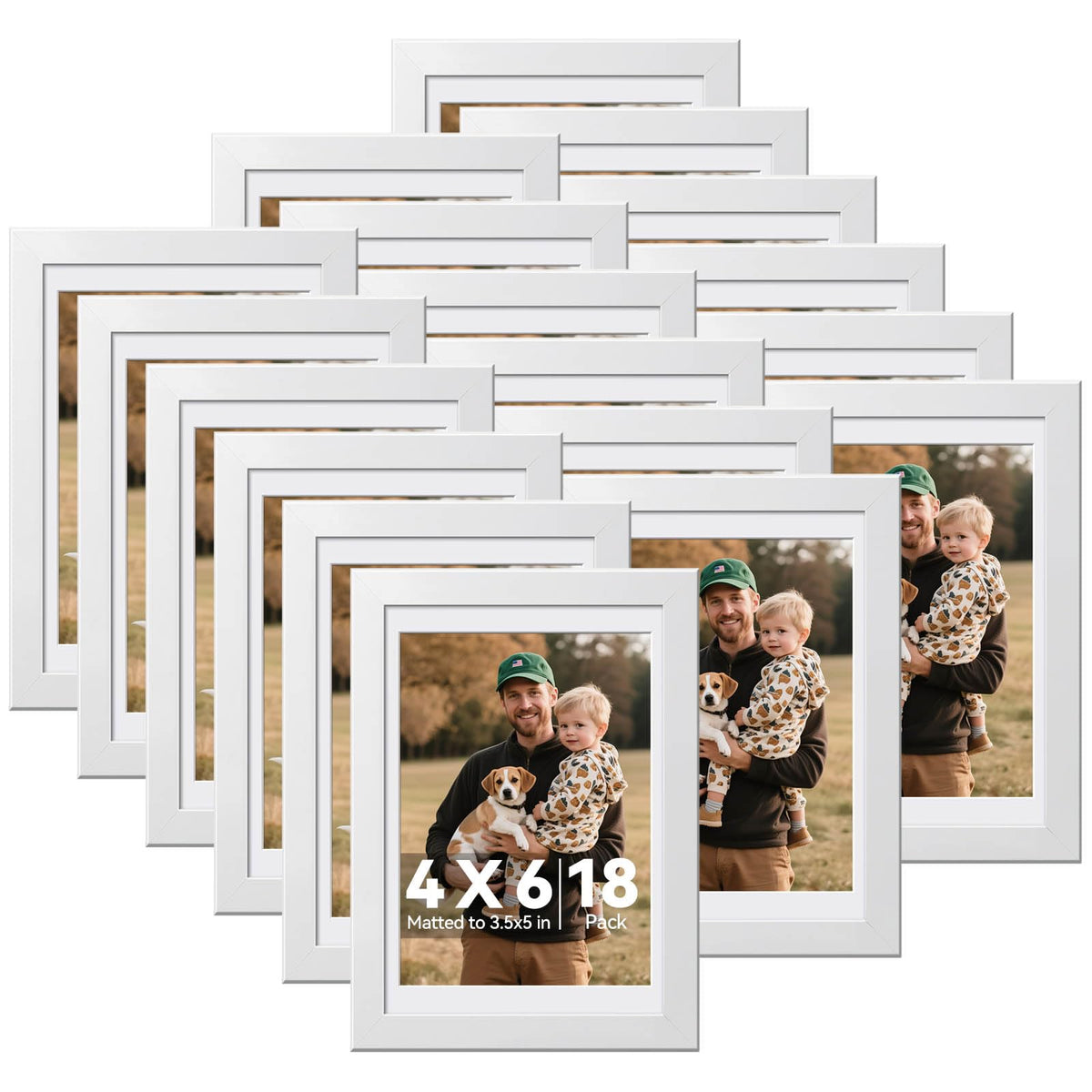 HappyHapi 18-pack white frames on wall for stylish photo collage.