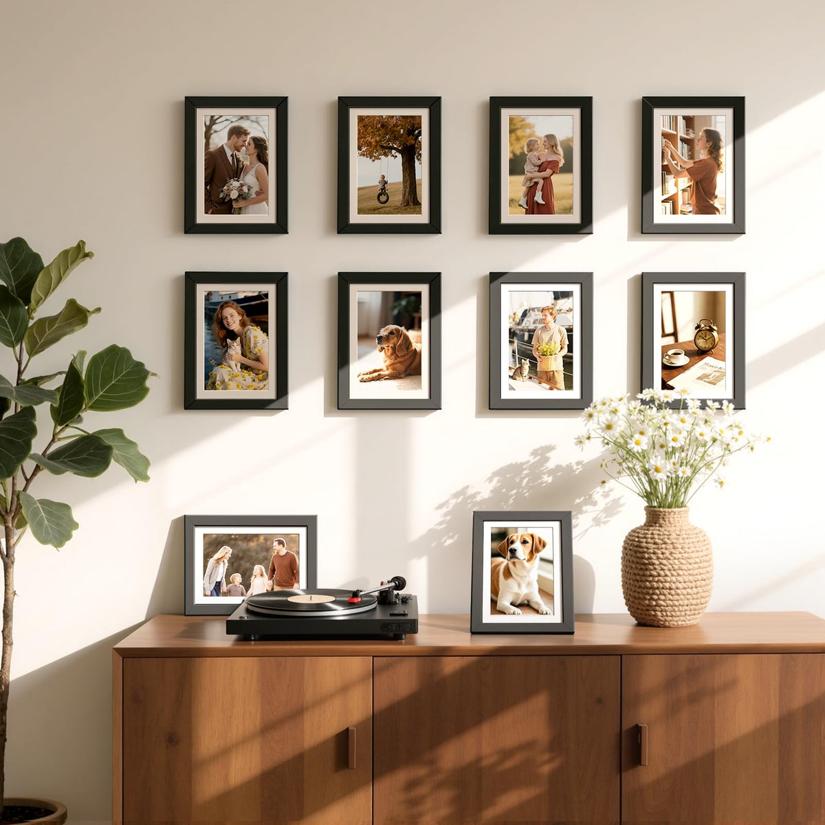 HappyHapi 5x7 frame with stand and wall hook, versatile for table or wall displays.