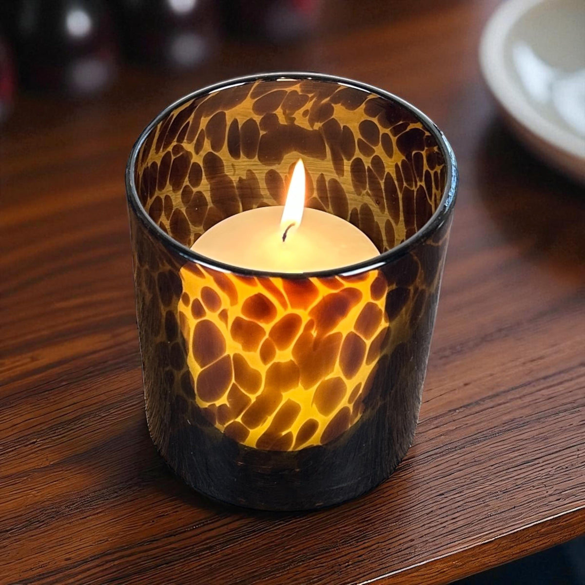 Hapton House tortoise shell glass candle holder for 3x3 pillar candles with elegant glow.