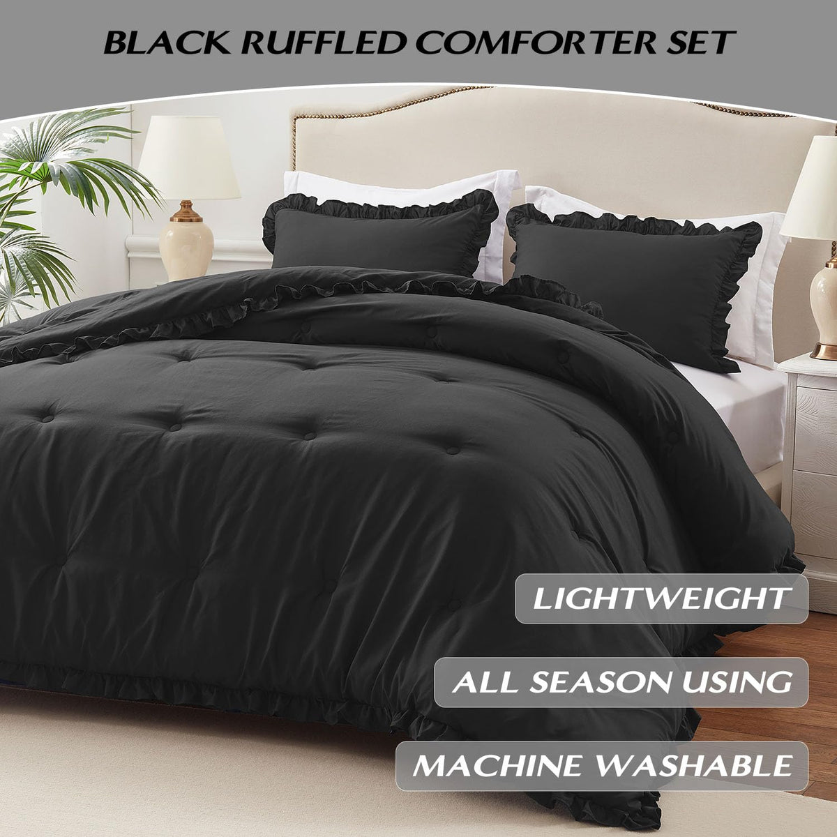 Detail of HARBOREST queen comforter ruffle stitching and durable construction