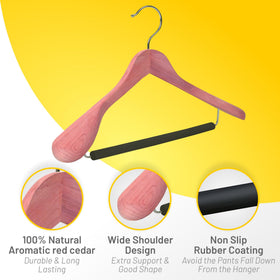 HARDW Cedar hangers provide shoulder support to maintain garment shape.