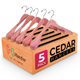 HARDW Cedar hangers with wide shoulders support suits and dresses.