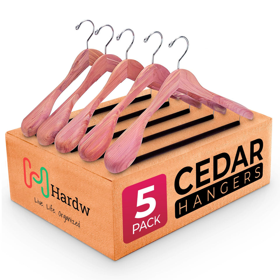 HARDW Cedar hangers with wide shoulders support suits and dresses.