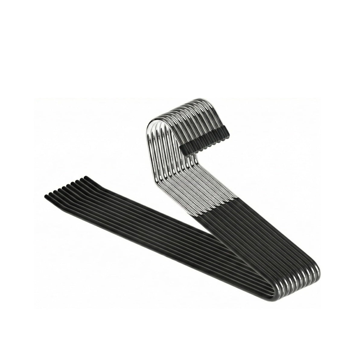 HardW open-ended pants hangers for easy side-loading in closets.