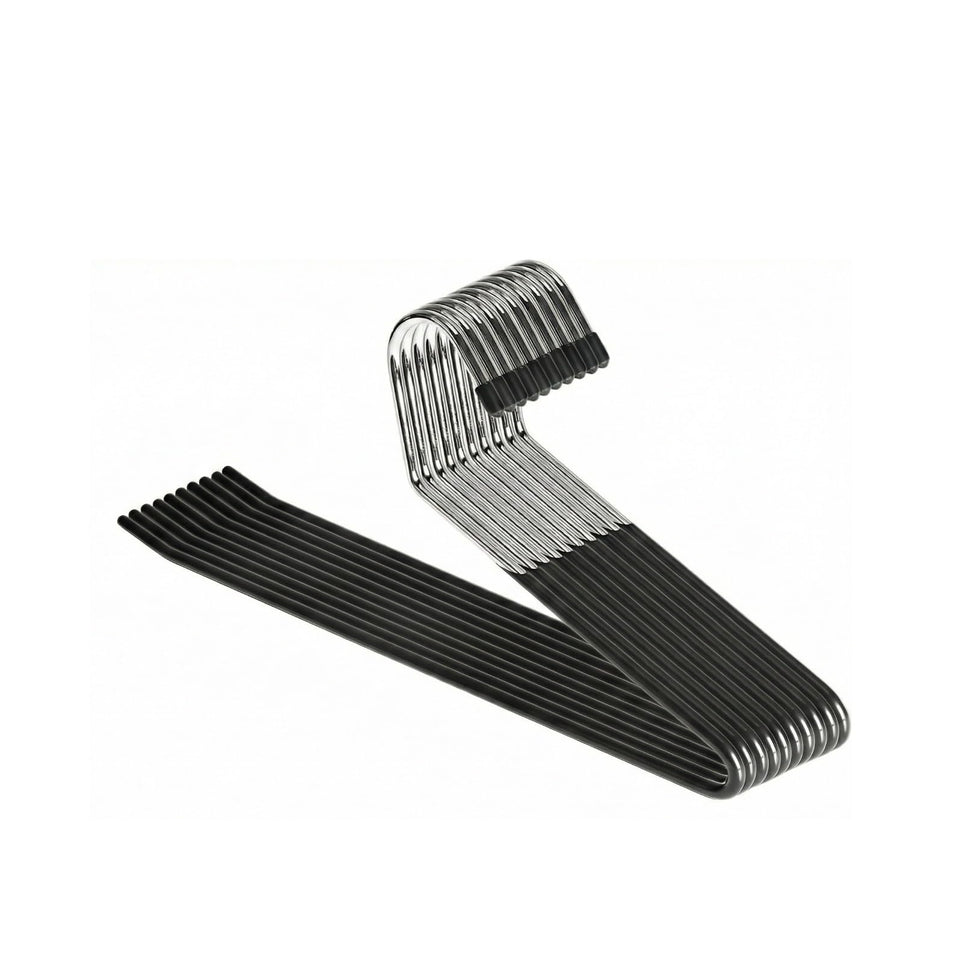 HardW open-ended pants hangers for easy side-loading in closets.