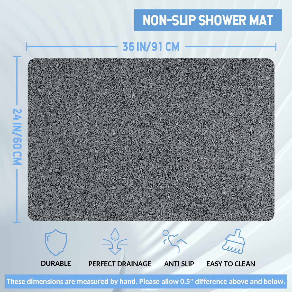 Hargiis bath mat shows quick drainage holes for fast water flow.