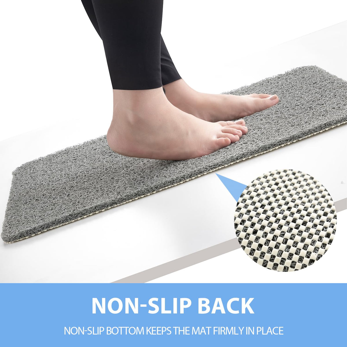 Hargiis bath mat textured surface provides foot massage and exfoliation.