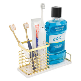 HarJue toothbrush holder with gold marble base keeps counters tidy and stylish.