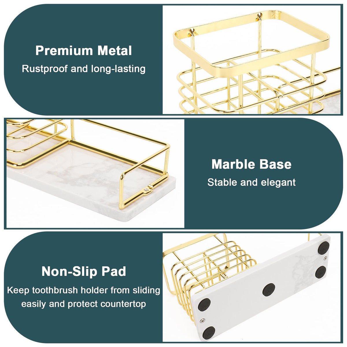 Stable marble base with non-slip pad protects countertops.