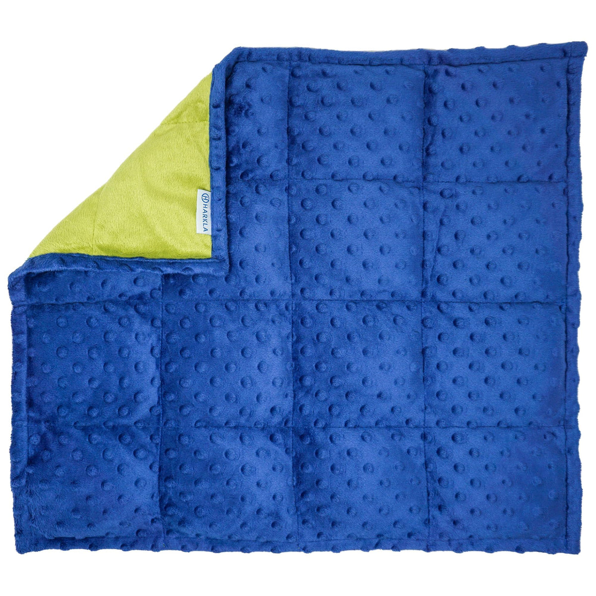 Harkla weighted lap pad in deep blue fabric provides calm and focus during tasks.
