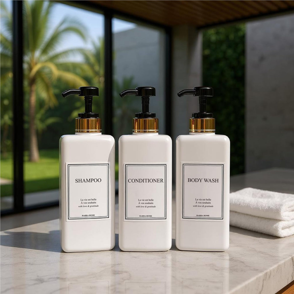 HARRA HOME bathroom organization idea with premium gold accents.