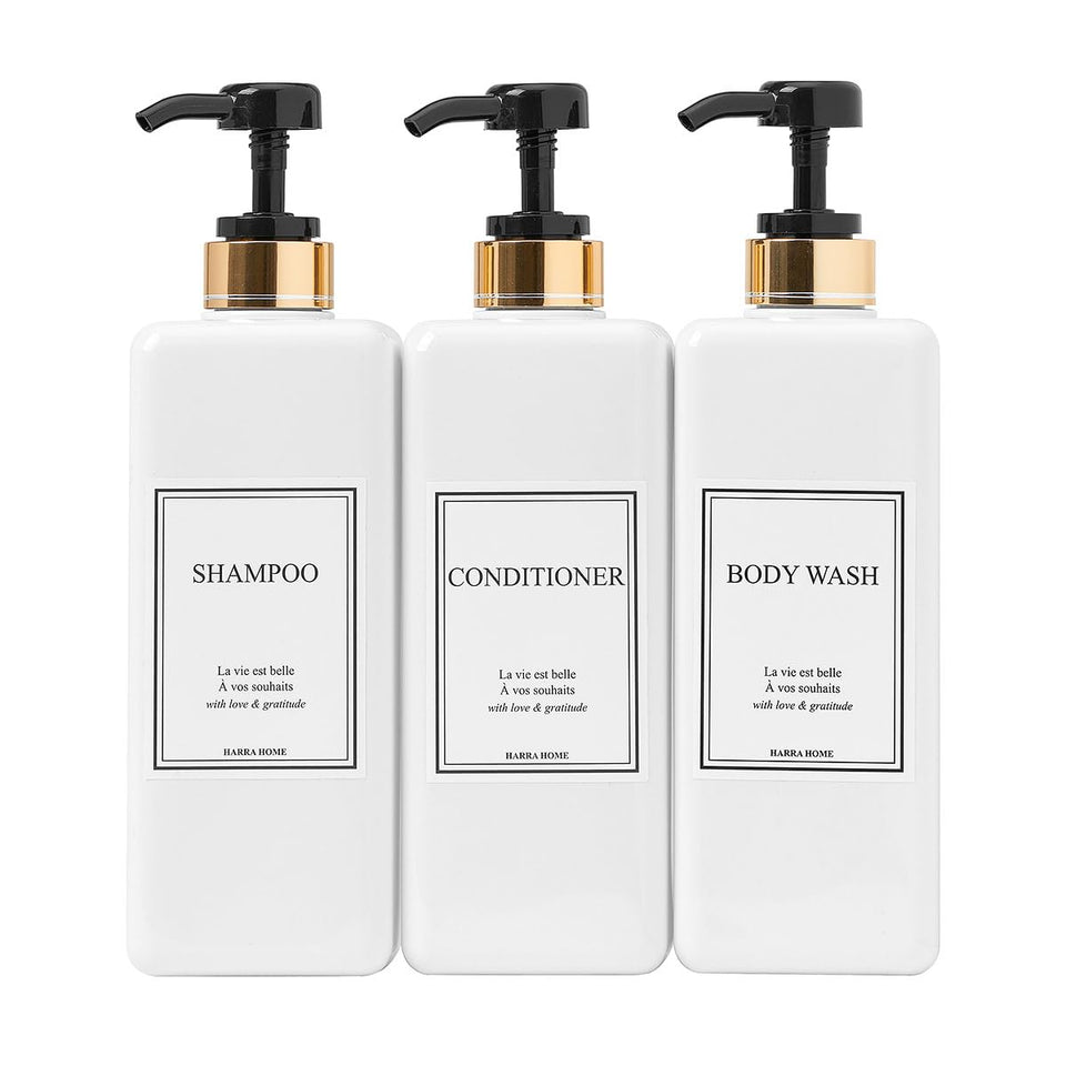 HARRA HOME shampoo dispenser 27oz with a sleek gold design for organized shower storage.