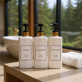 HARRA HOME square bottles with gold caps for easy refilling and aesthetics.