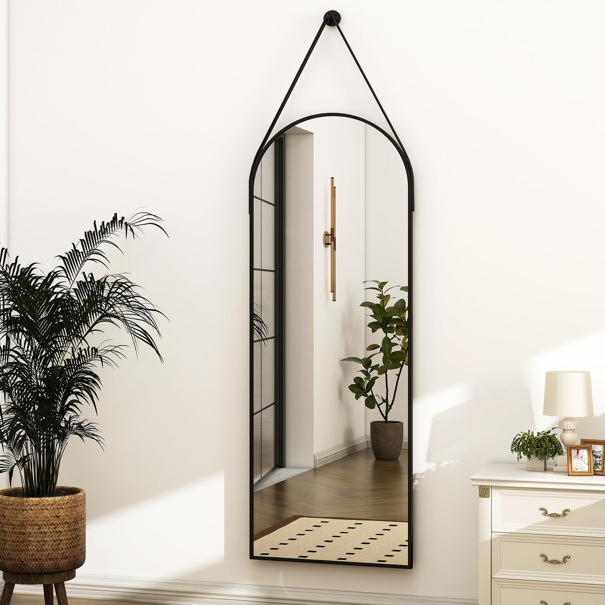 HARRITPURE arched mirror with leather strap adds timeless elegance to entryways