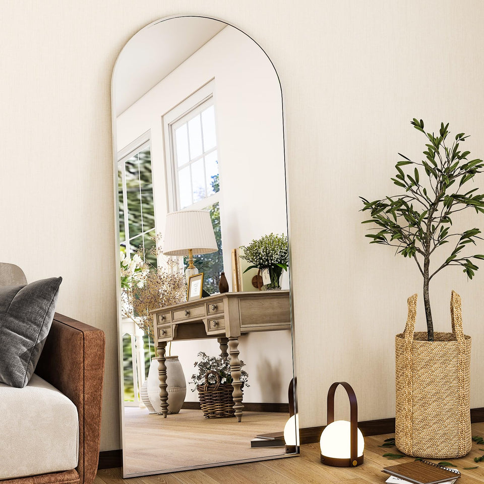 HARRITPURE arch full-length mirror in silver reflecting natural light
