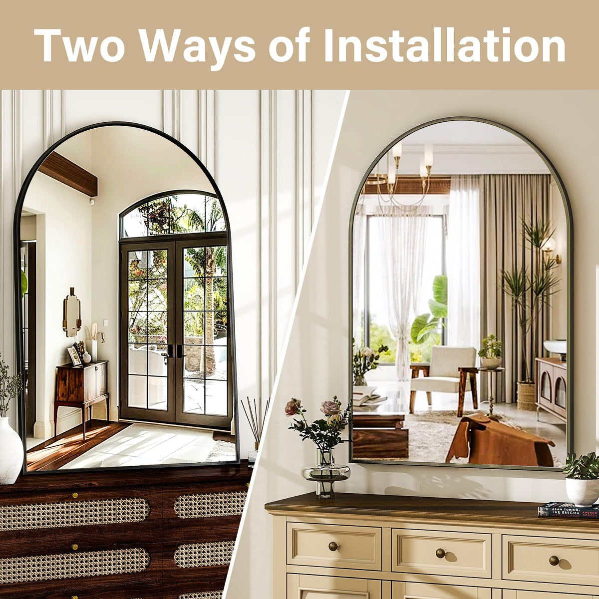 HARRITPURE arched mirror over a dresser creates a refined vanity