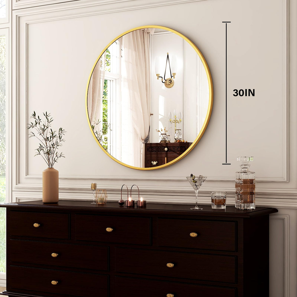 HARRITPURE bathroom ambience, gold mirror reflecting light to brighten a compact space.