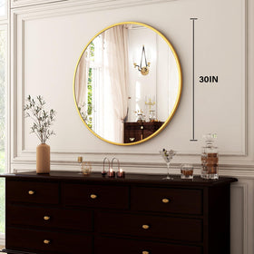 HARRITPURE bathroom ambience, gold mirror reflecting light to brighten a compact space.