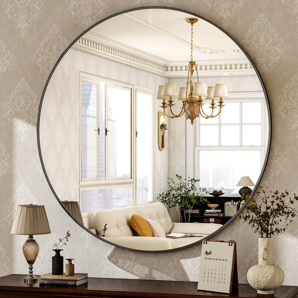 HARRITPURE Round Mirror 30 Black front view shows a sleek brushed aluminum frame and clear reflection
