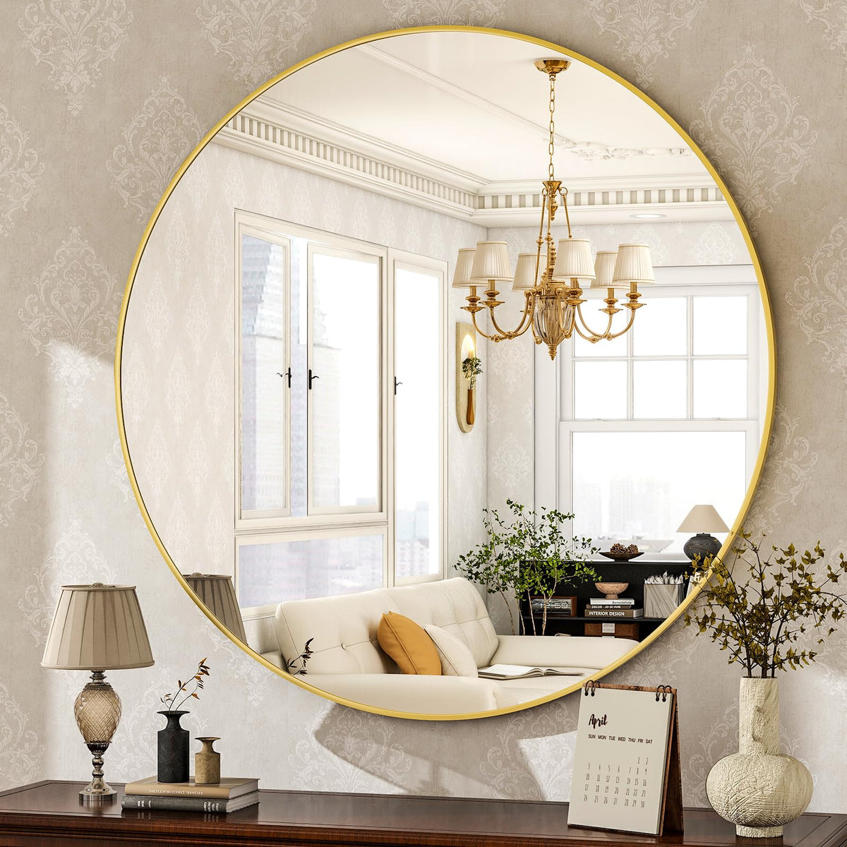 HARRITPURE round 30cm gold mirror, front view, elegant circle design for any space.