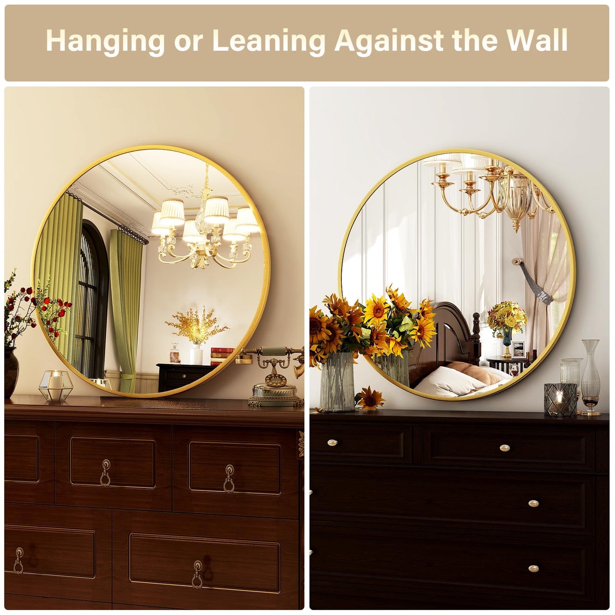 HARRITPURE living room decor, round gold mirror adds accent and depth.
