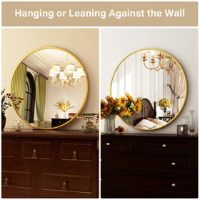 HARRITPURE living room decor, round gold mirror adds accent and depth.