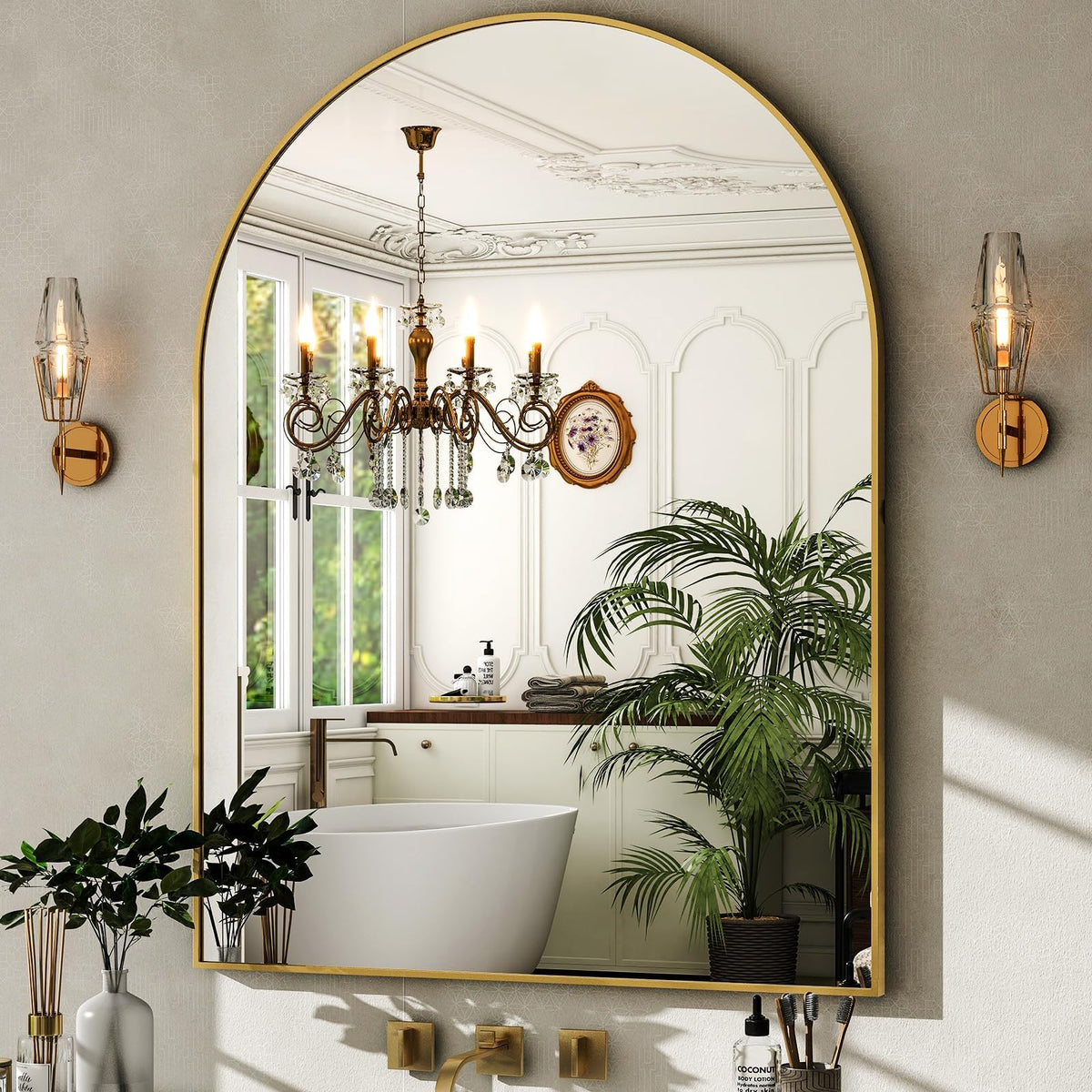 HARRITPURE arched mirror with gold frame brightens a 30x40 space and adds elegance