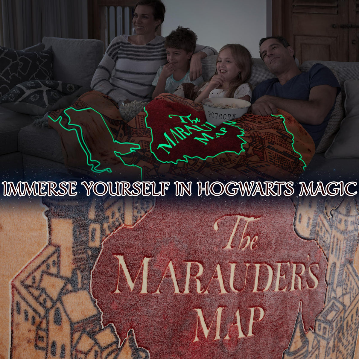 Harry Potter glow blanket draped on a sofa for easy lounging.