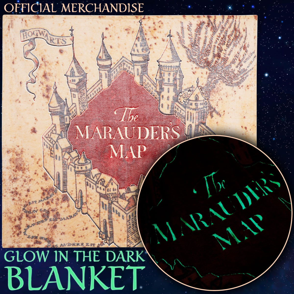 Harry Potter glow blanket glows in the dark, adding magical nighttime ambiance.
