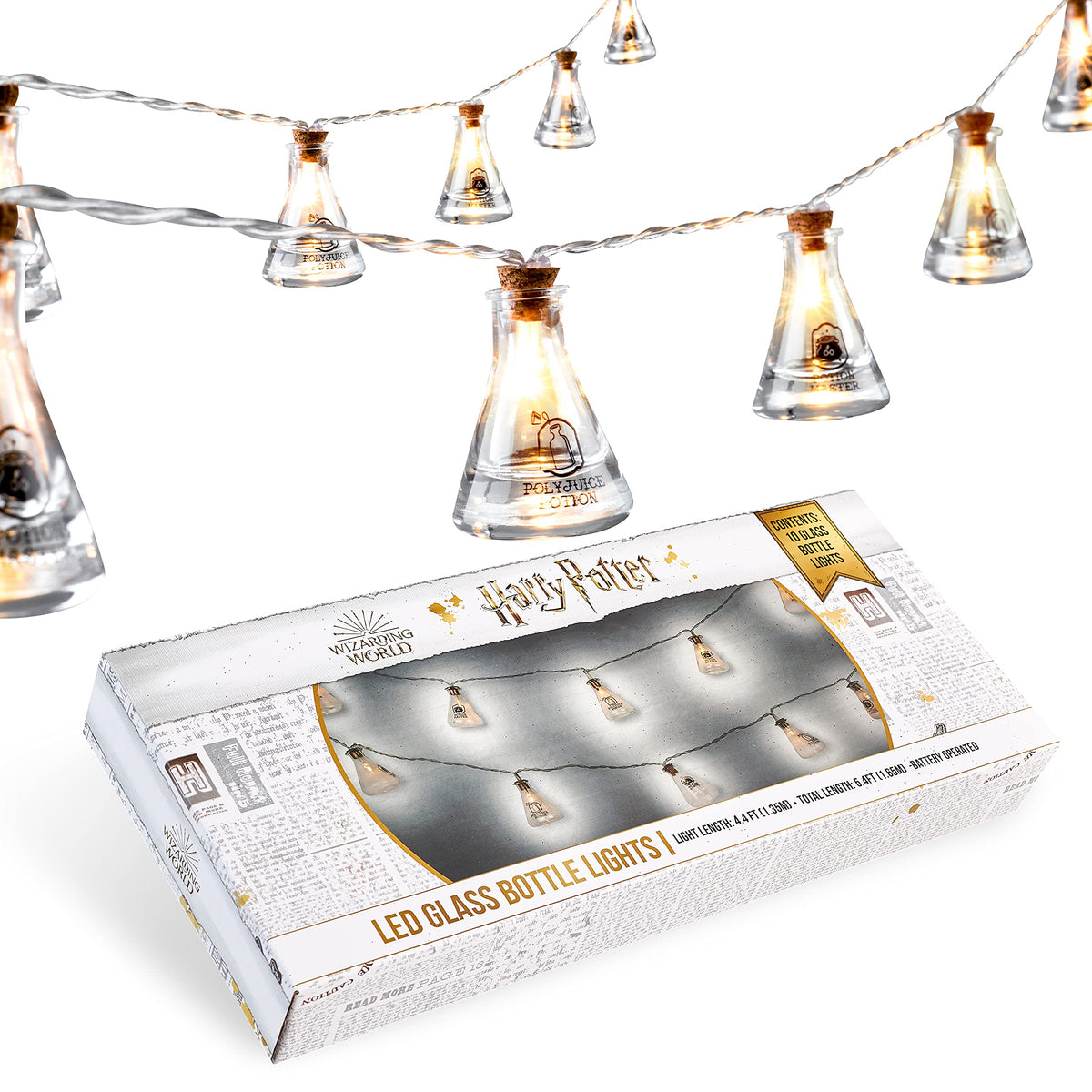 Harry Potter potion bottle fairy lights create magical ambience in a bedroom.
