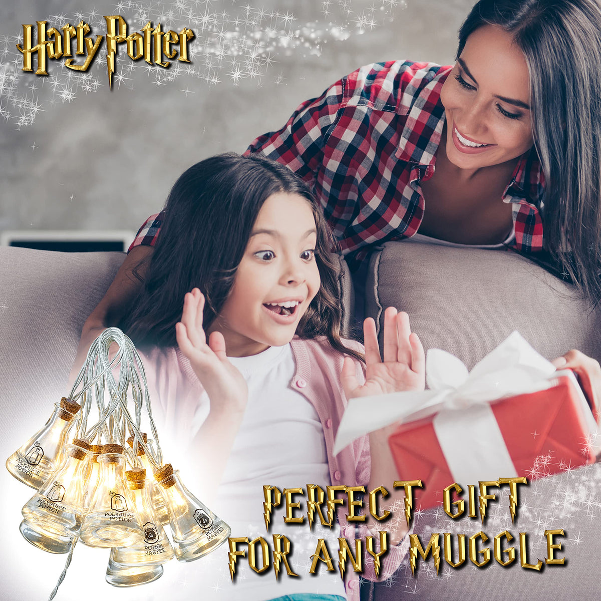 Harry Potter potion bottle lights add magical glow to a desk setup.