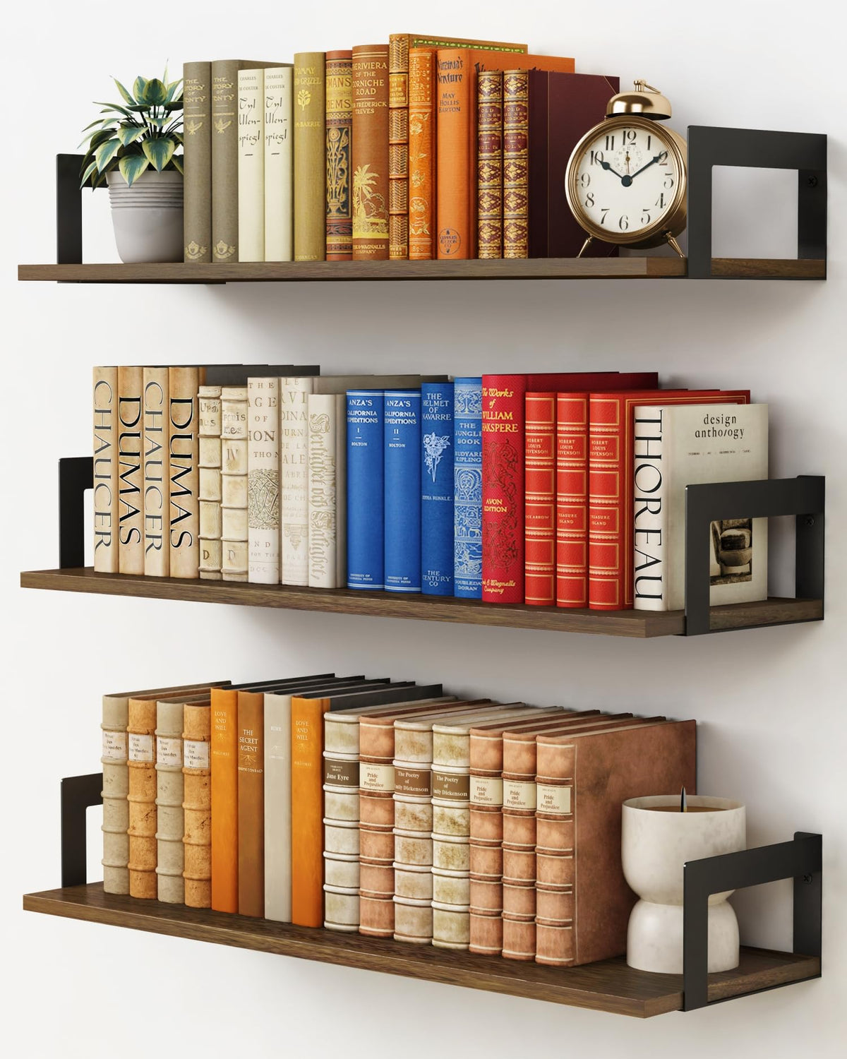 Harwaya 3-pack floating shelves on wall in dark brown finish for space-saving storage.