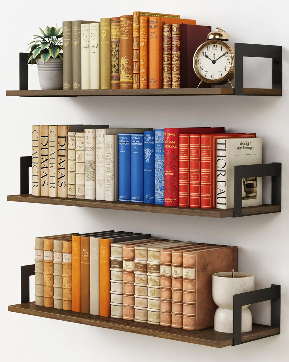 Harwaya 3-pack floating shelves on wall in dark brown finish for space-saving storage.