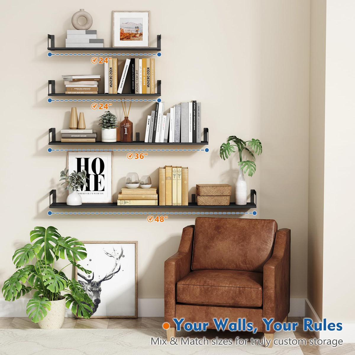 Harwaya decorative wall shelves showcase plants, frames and collectibles