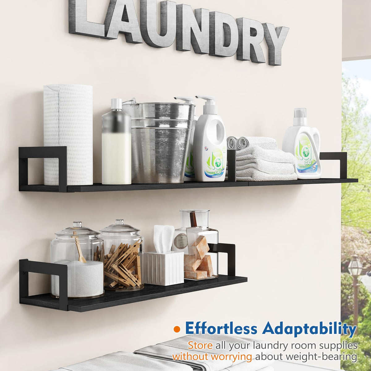 Harwaya easy-install black wood shelves with included hardware