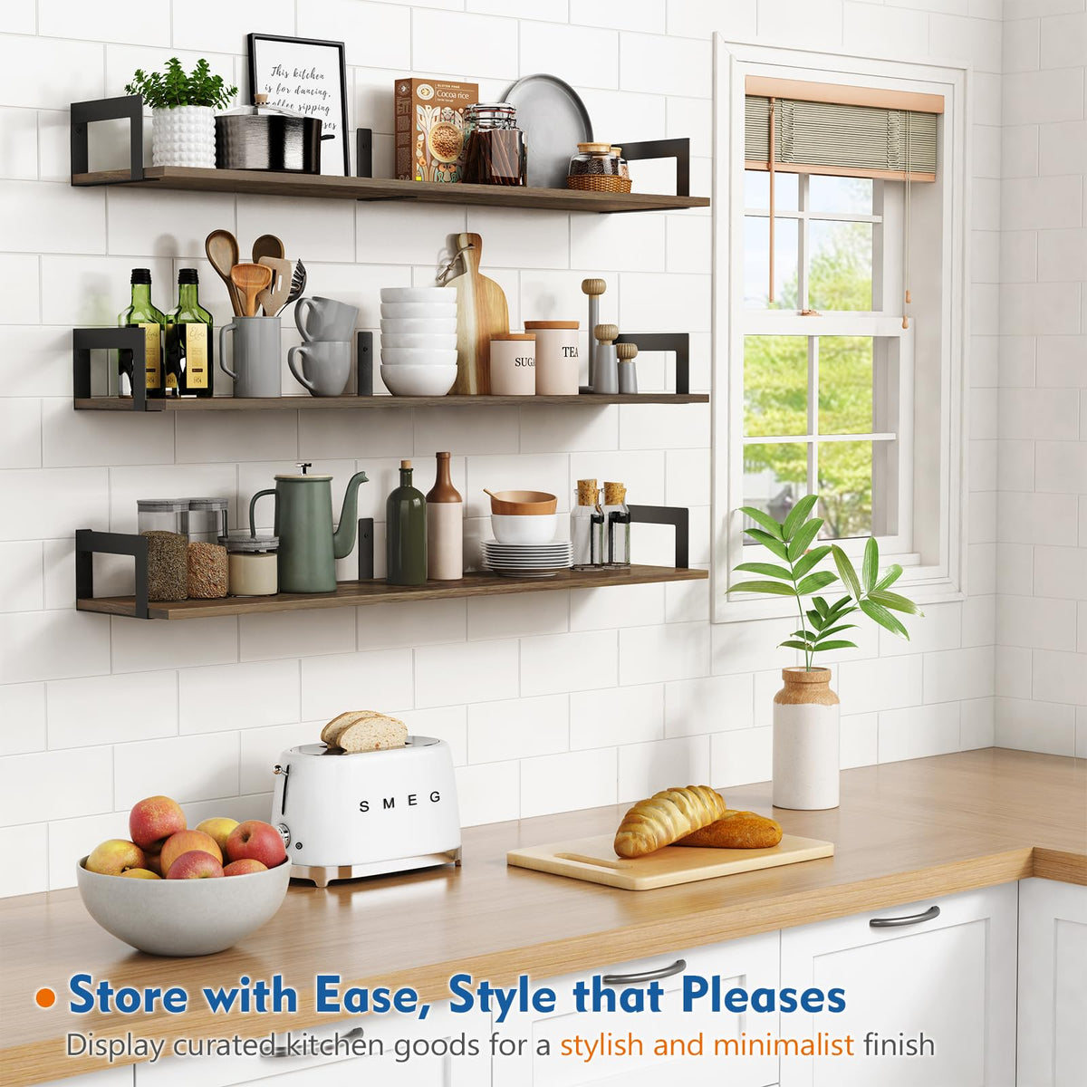 Harwaya shelves display photos and decor on a living room wall