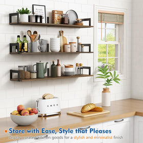 Harwaya shelves display photos and decor on a living room wall
