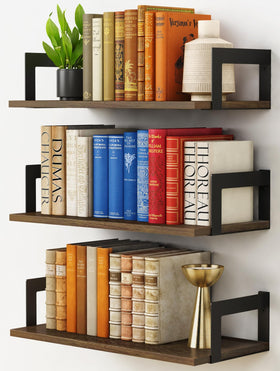 Harwaya floating shelves on the wall in dark brown for easy book display and decluttered space
