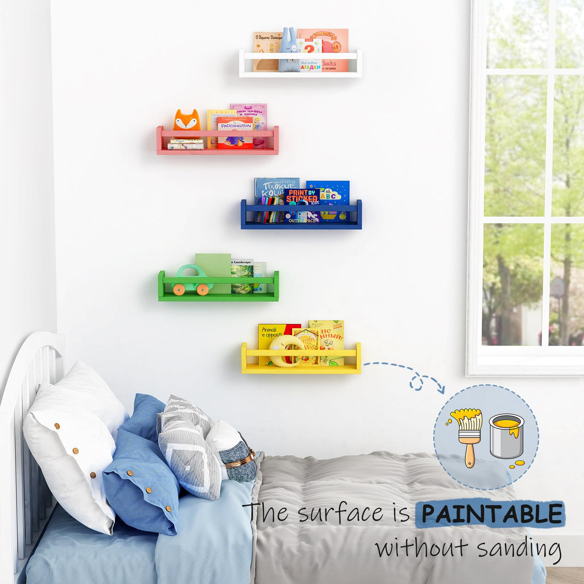 Harwaya shelves organize toys and books in playroom without floor clutter.