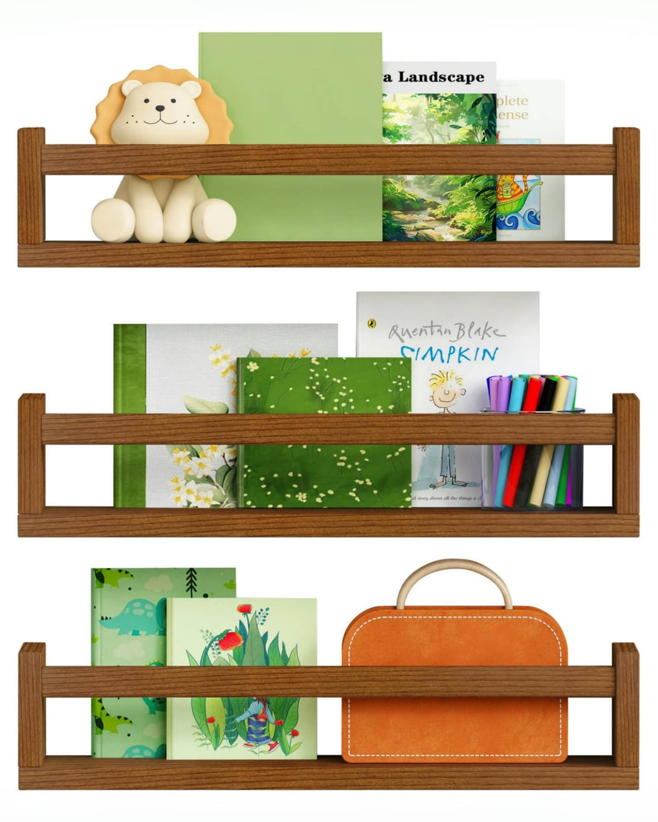 Harwaya wall-mounted nursery shelves in a 3-pack save floor space and simplify kid storage.
