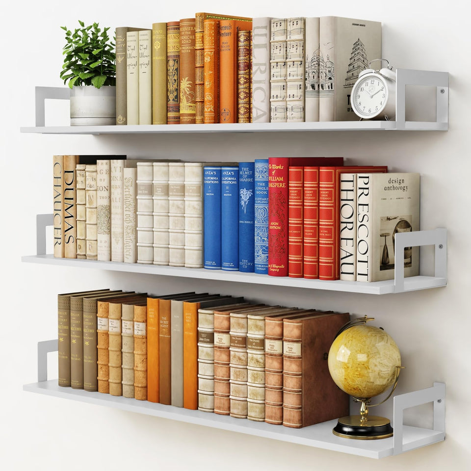 Harwaya white floating shelves on wall, 3-pack, organized book storage.